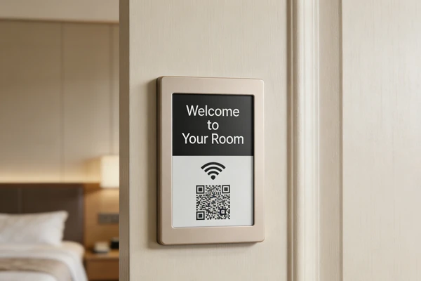 Hotel Welcome Door Sign - E-ink Electronic Label for Hospitality E-ink digital door sign displaying personalized guest welcome message in hotel hallway